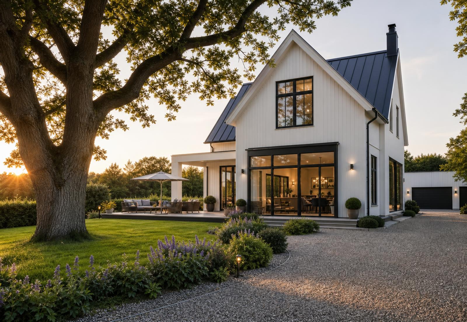 Exklusiv skandinavisk villa i kvällssol med stor terrass och trädgård
